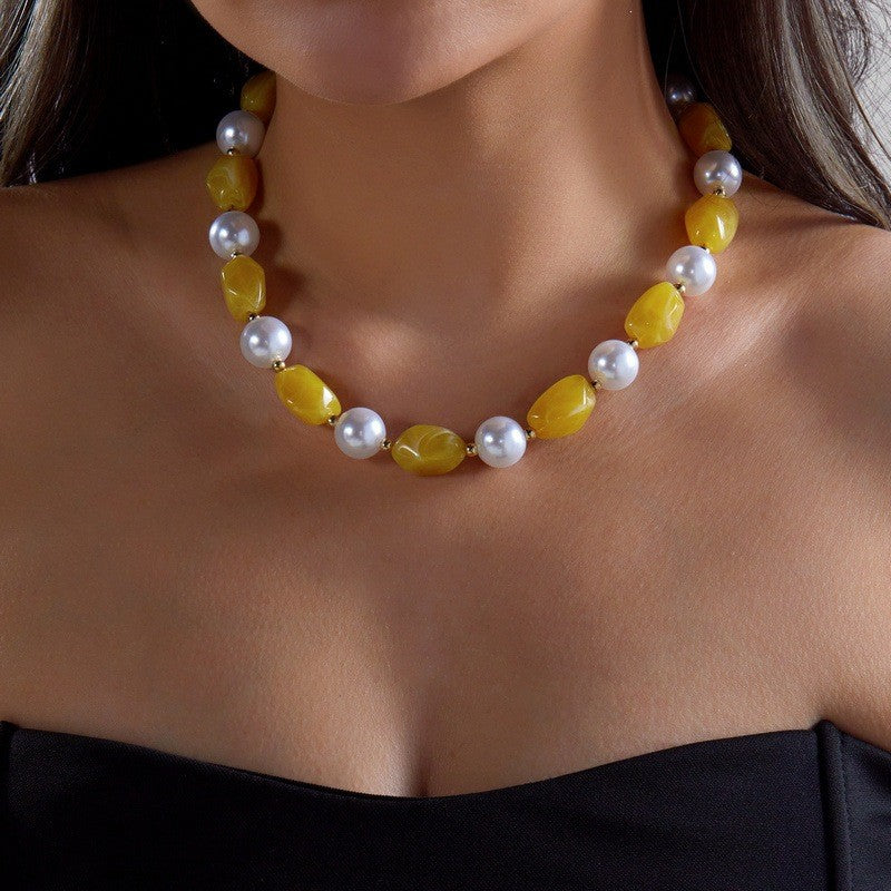Boho Resin Bead & Faux Pearl Necklace