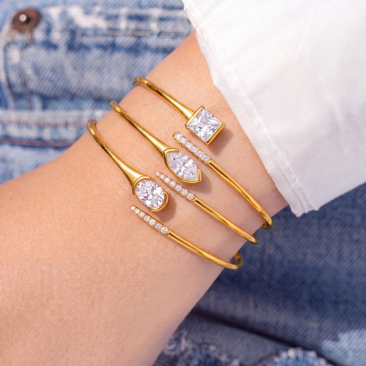 Classy Geometric CZ Open Bangle Set