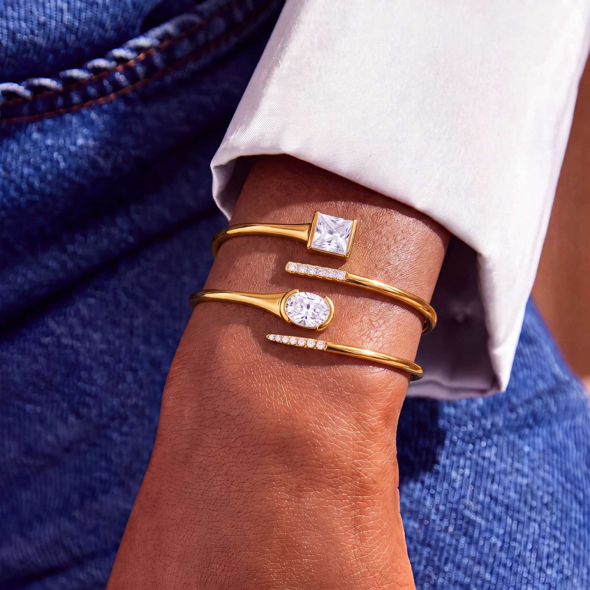 Classy Geometric CZ Open Bangle Set