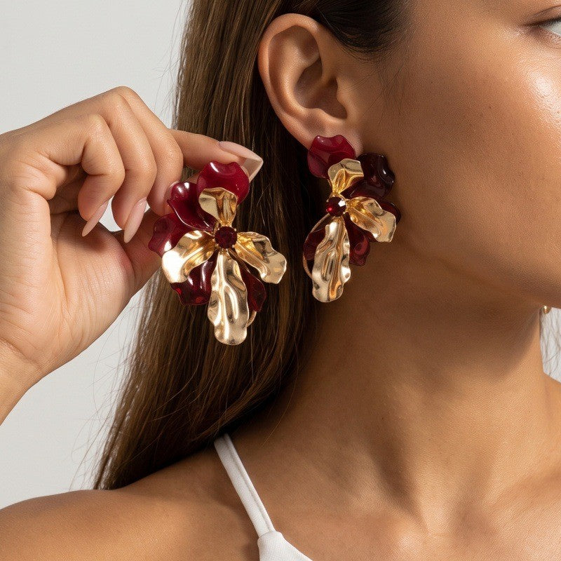 Classy Burgundy Floral Stud Earrings