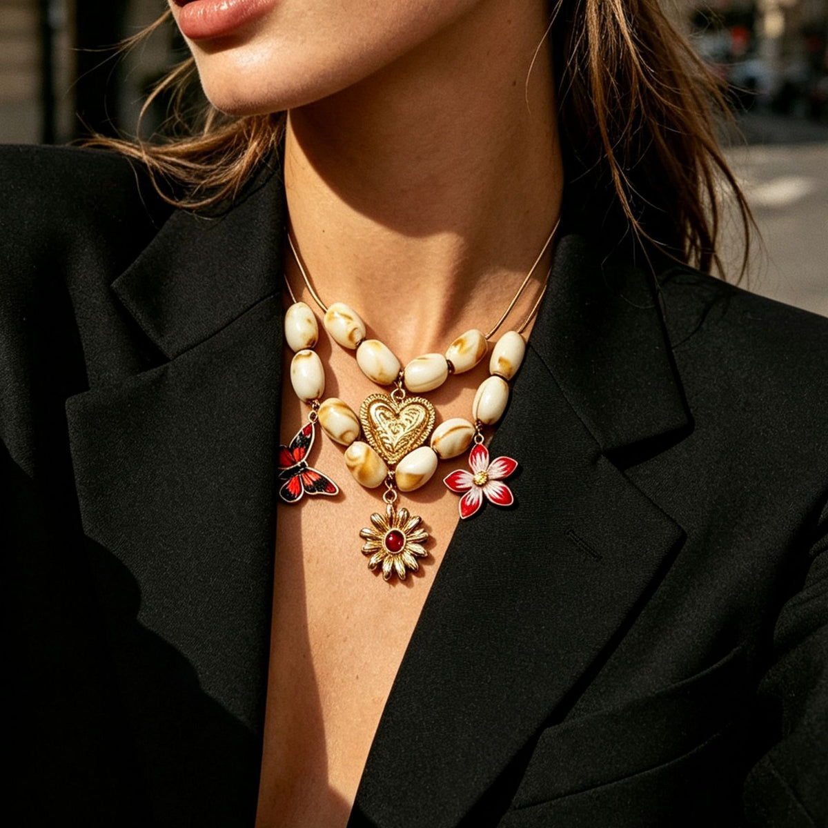 Vintage Red Resin Butterfly & Flower Necklace