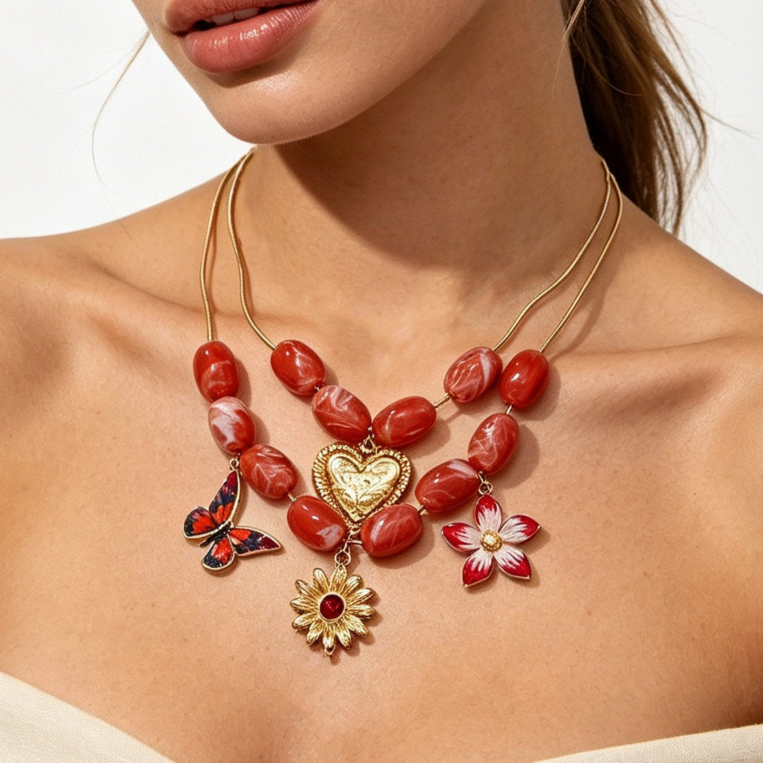 Vintage Red Resin Butterfly & Flower Necklace