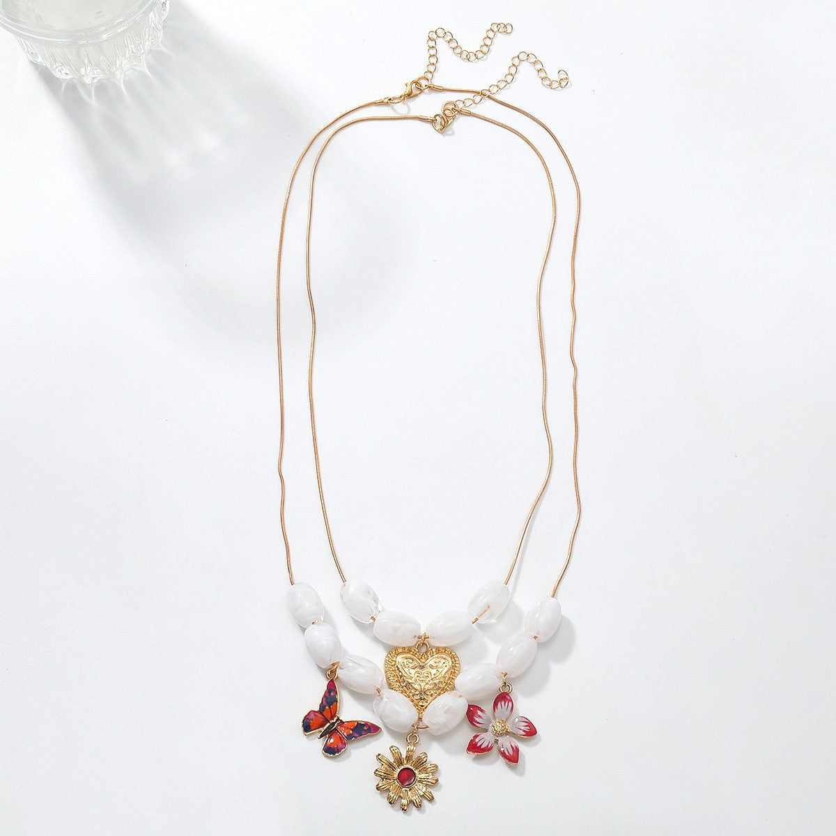 Vintage Red Resin Butterfly & Flower Necklace