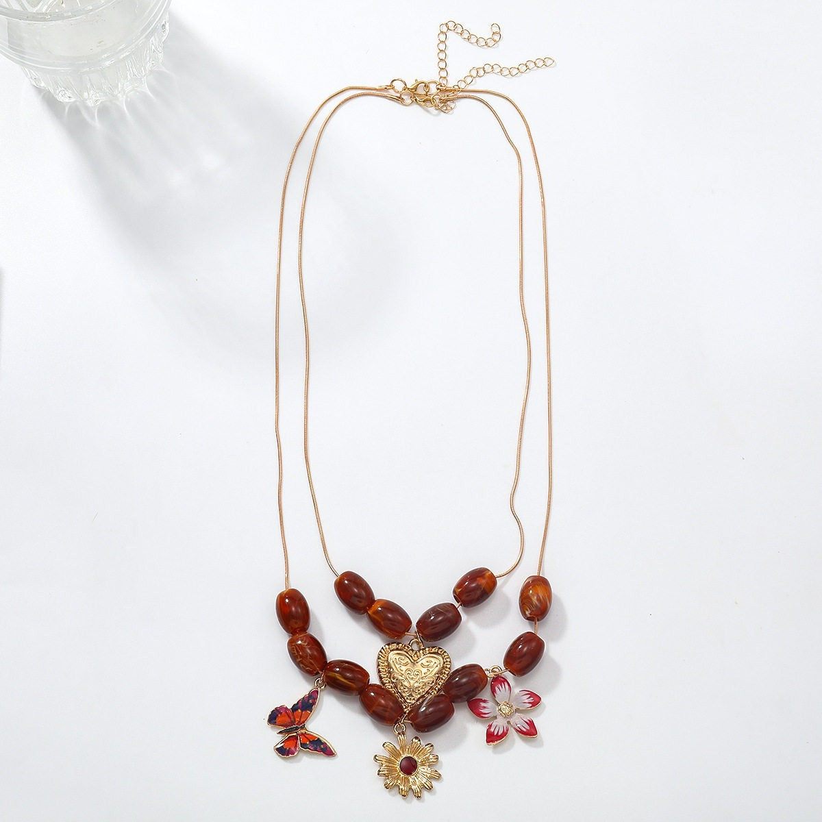 Vintage Red Resin Butterfly & Flower Necklace