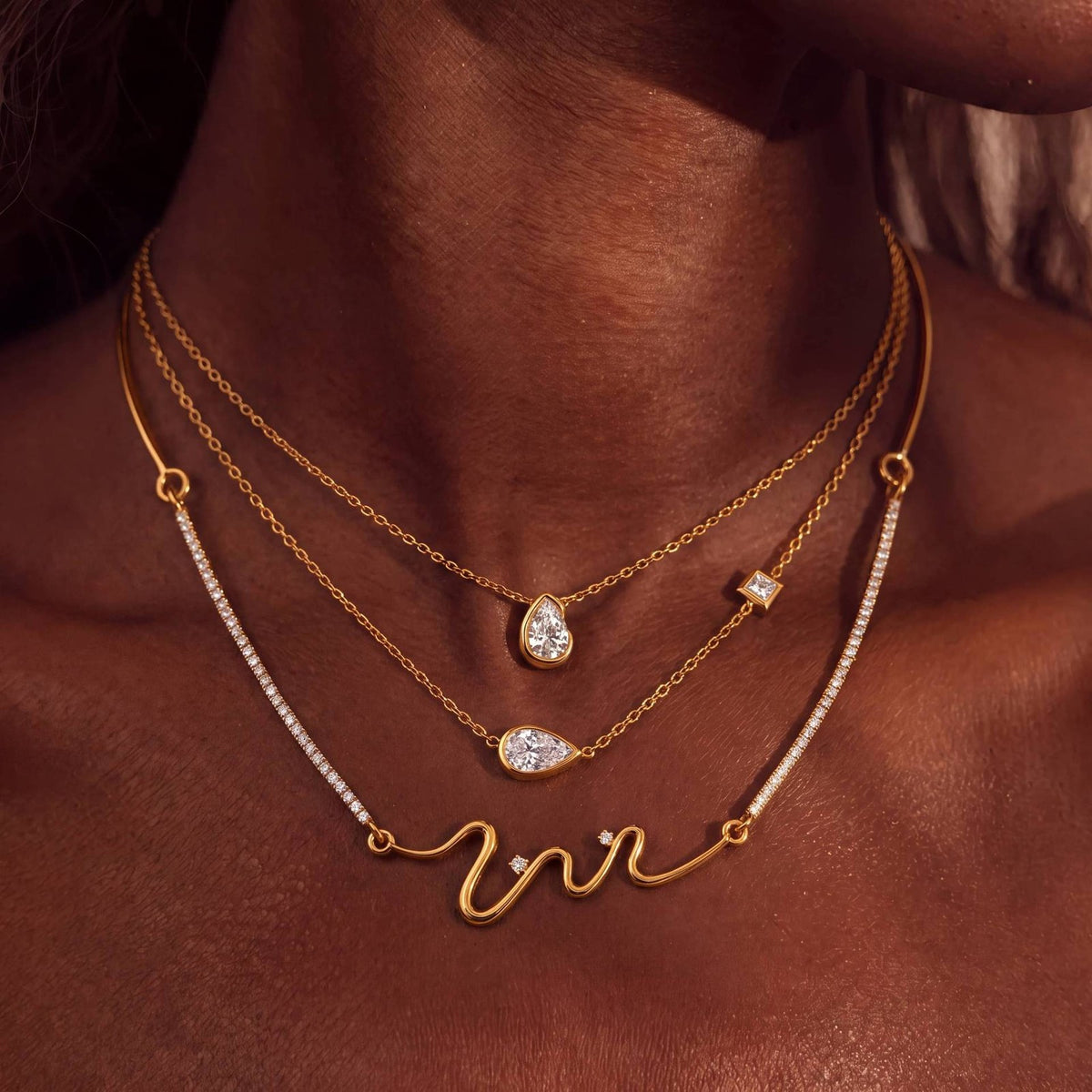 3pc Dainty Wave & Teardrop CZ Necklace Set