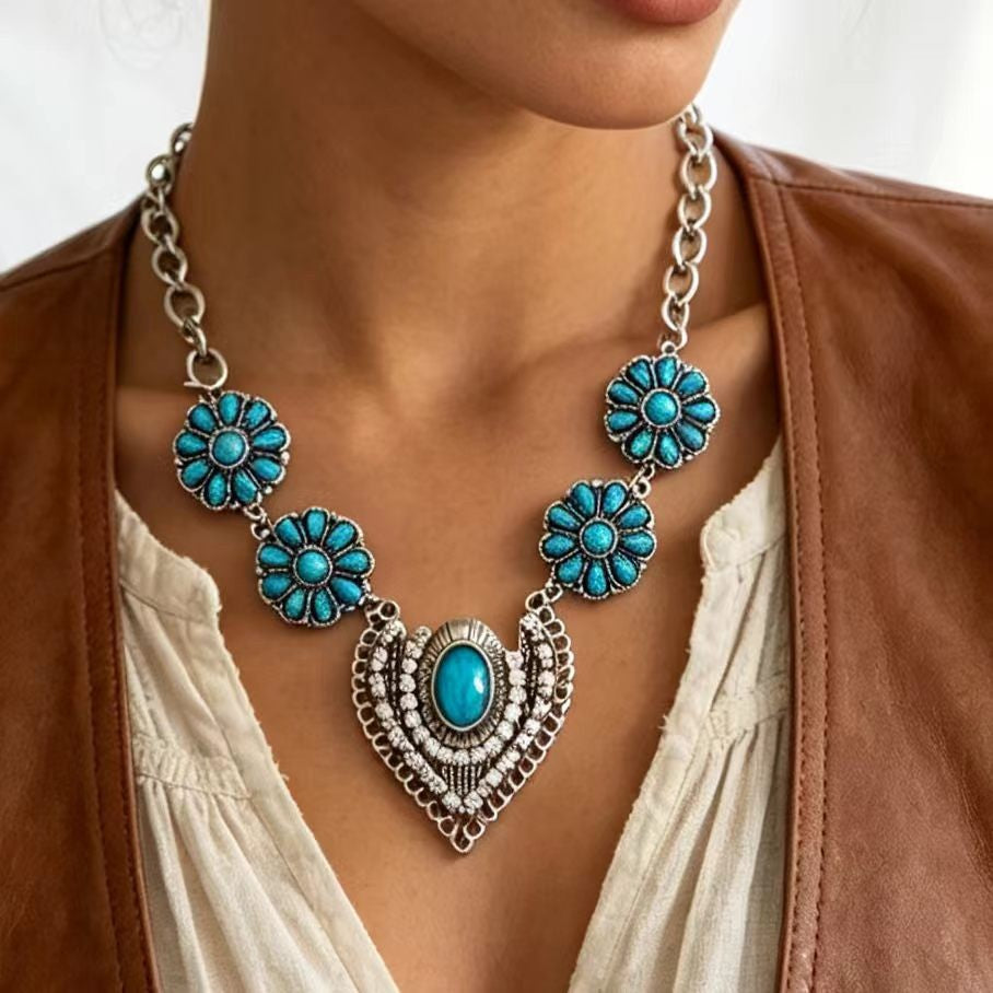 Boho Turquoise Floral Statement Necklace