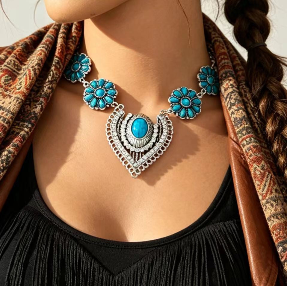 Boho Turquoise Floral Statement Necklace