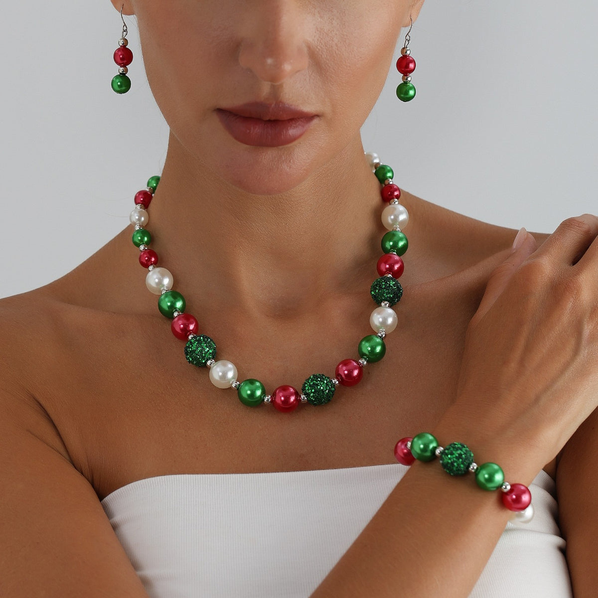Festive Red Green Disco Bead Necklace, Bracelet & Earring Set