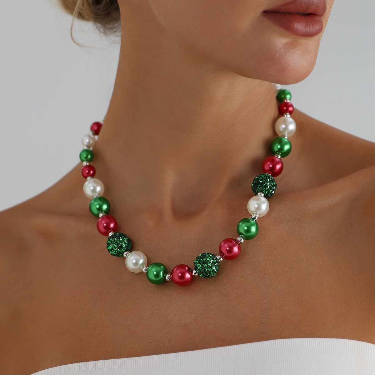 Festive Red Green Disco Bead Necklace, Bracelet & Earring Set