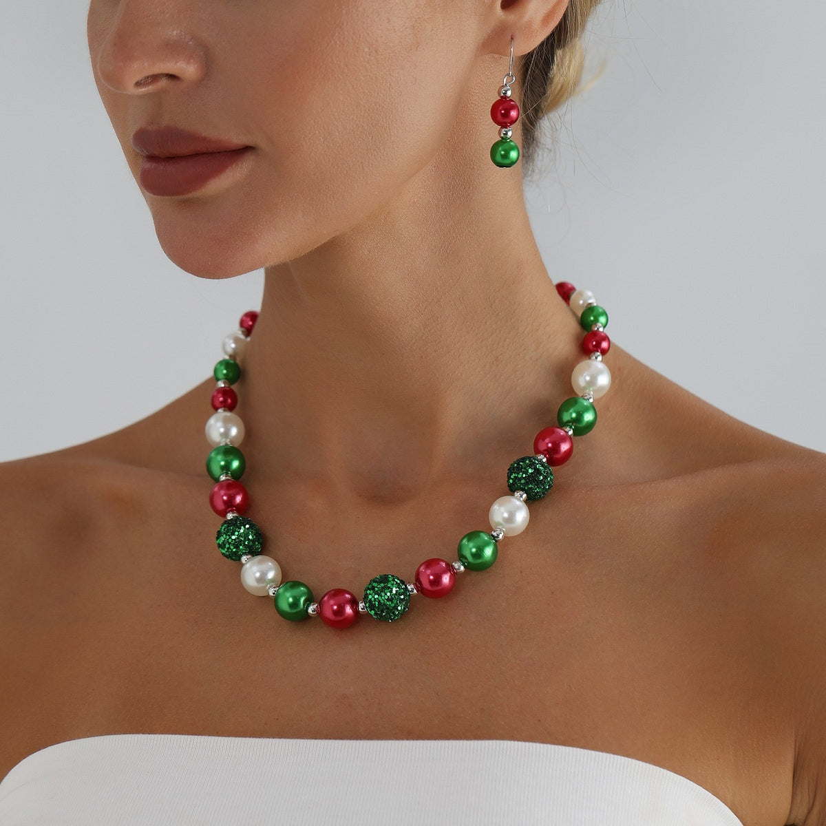 Festive Red Green Disco Bead Necklace, Bracelet & Earring Set