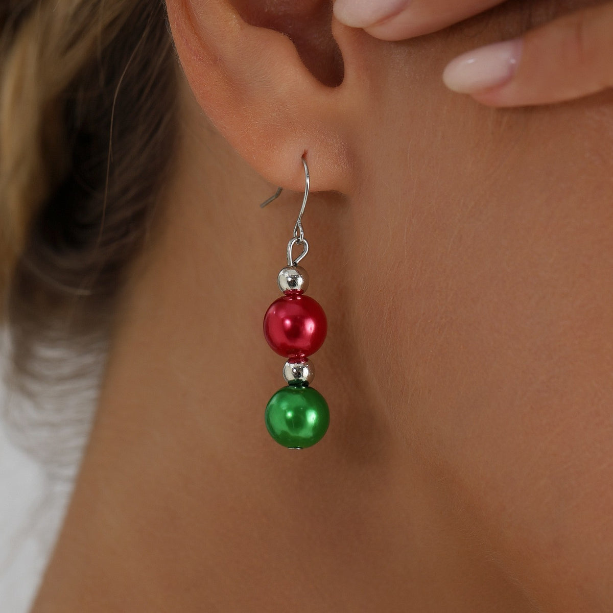 Festive Red Green Disco Bead Necklace, Bracelet & Earring Set