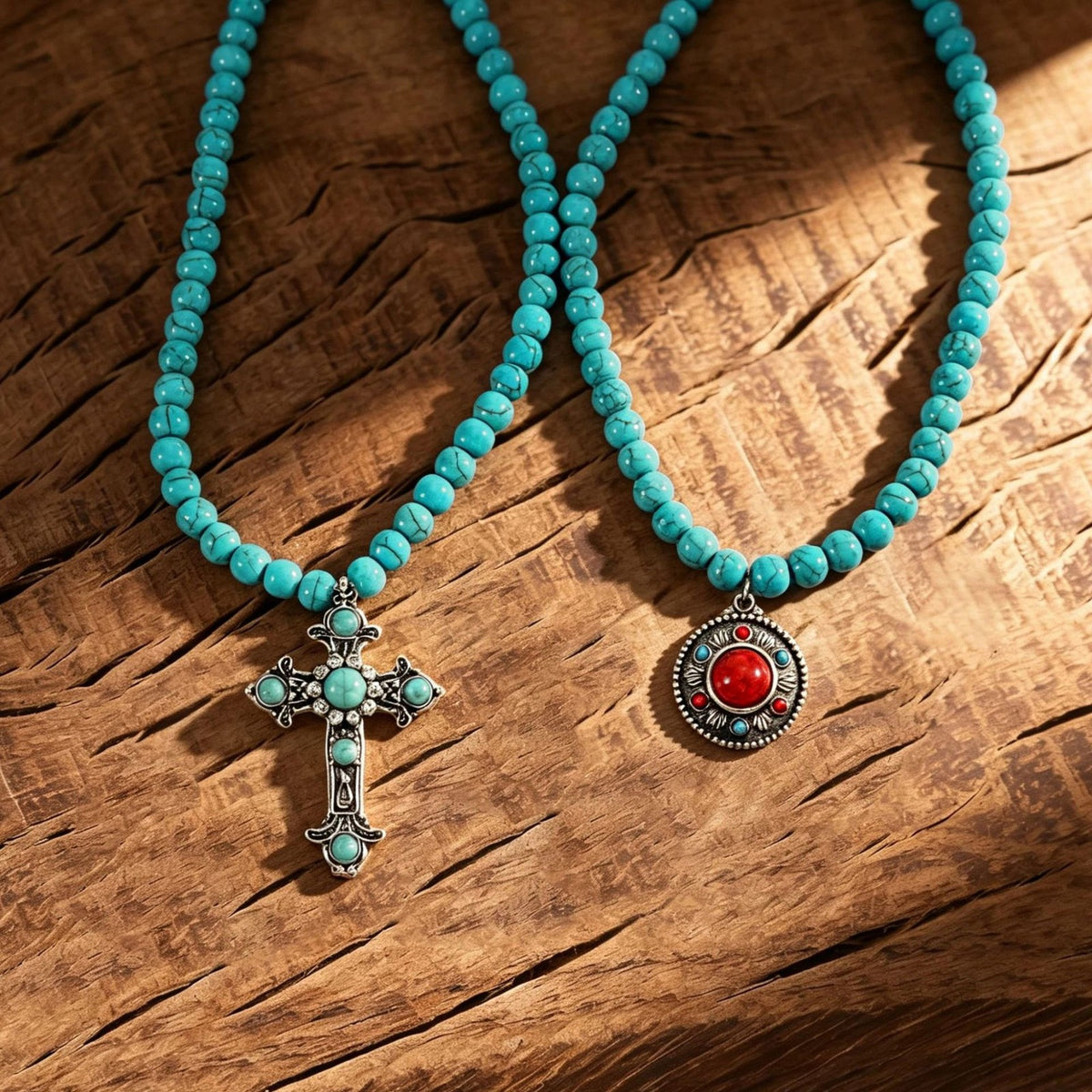 Vintage Turquoise Cross & Medallion Necklace Set