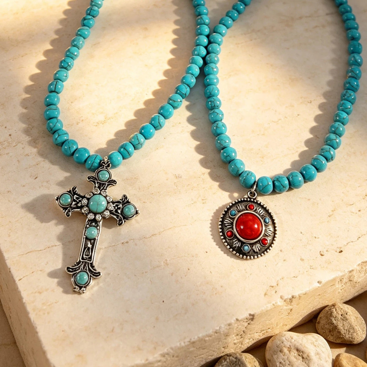 Vintage Turquoise Cross & Medallion Necklace Set