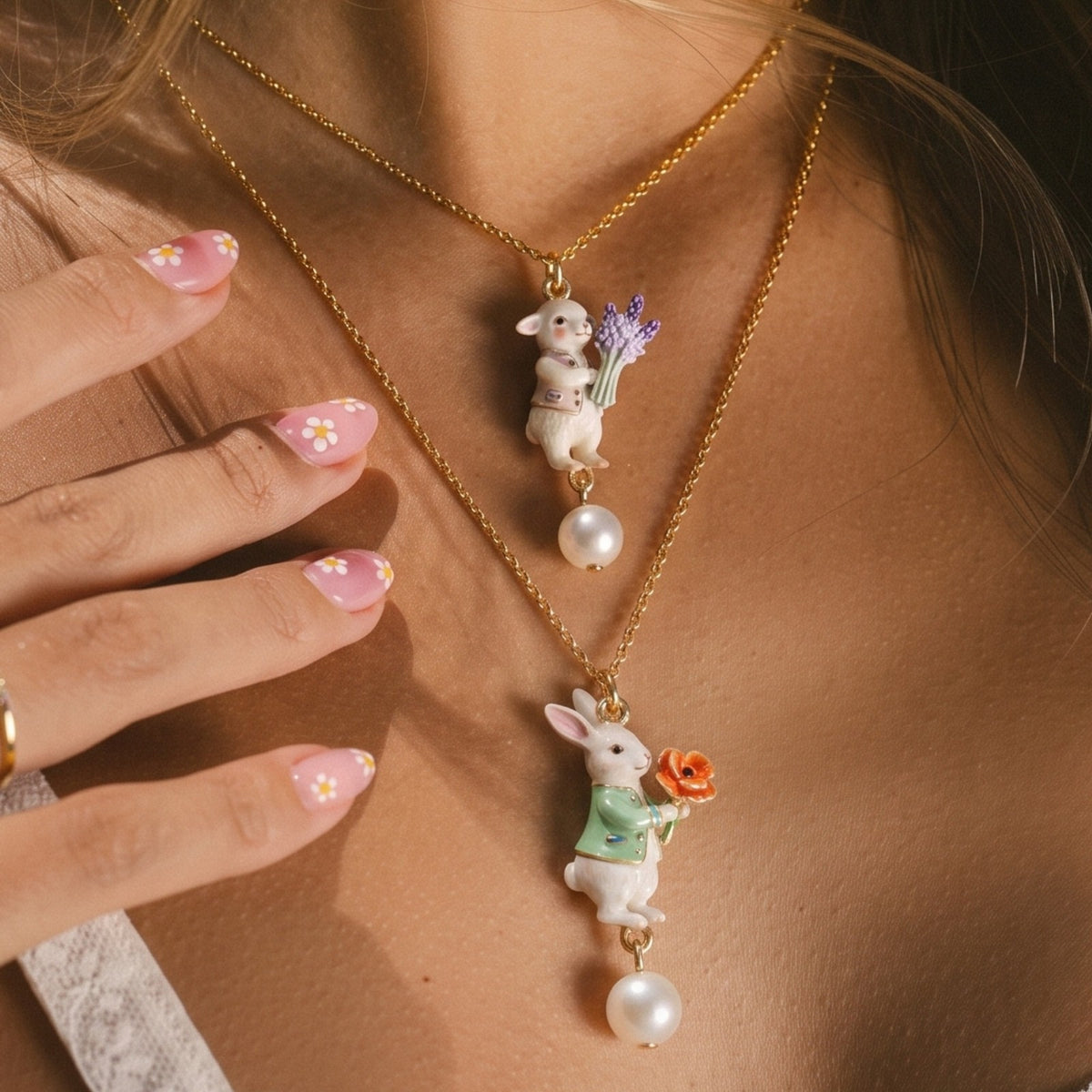 Romantic Fox Holding Rose Pearl Necklace