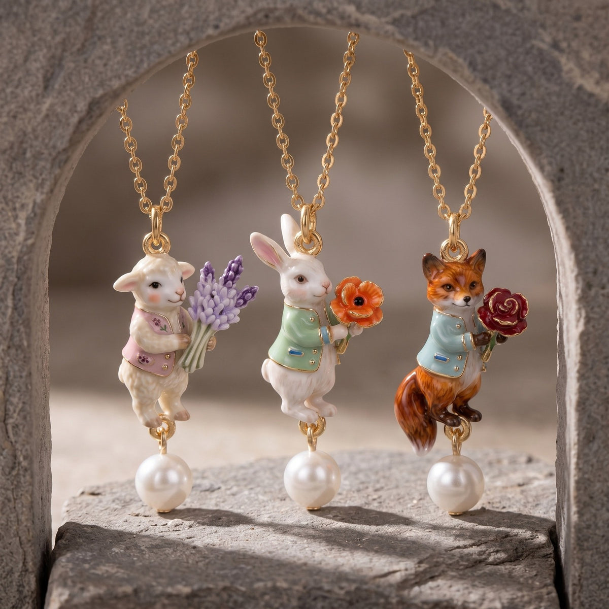 Romantic Fox Holding Rose Pearl Necklace