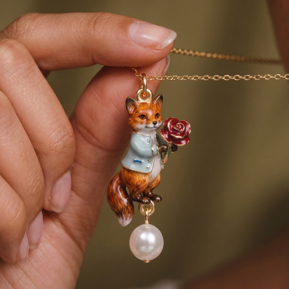 Romantic Fox Holding Rose Pearl Necklace