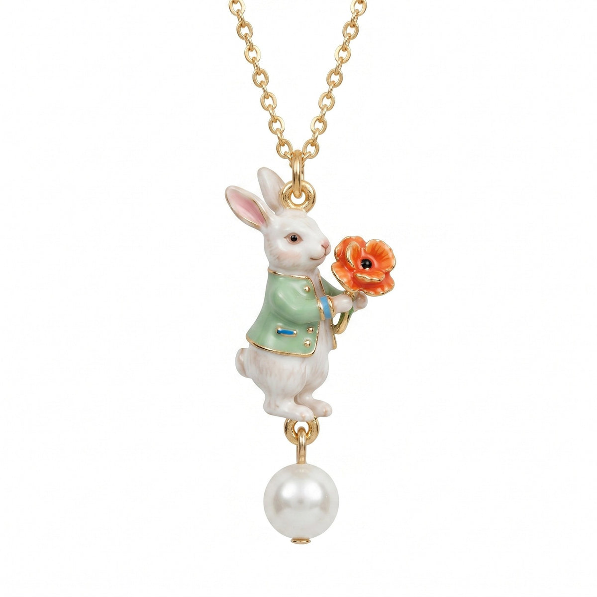 Romantic Fox Holding Rose Pearl Necklace