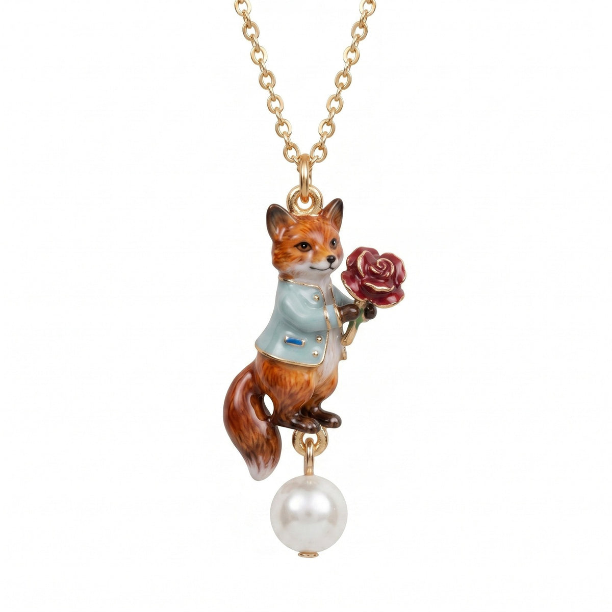 Romantic Fox Holding Rose Pearl Necklace
