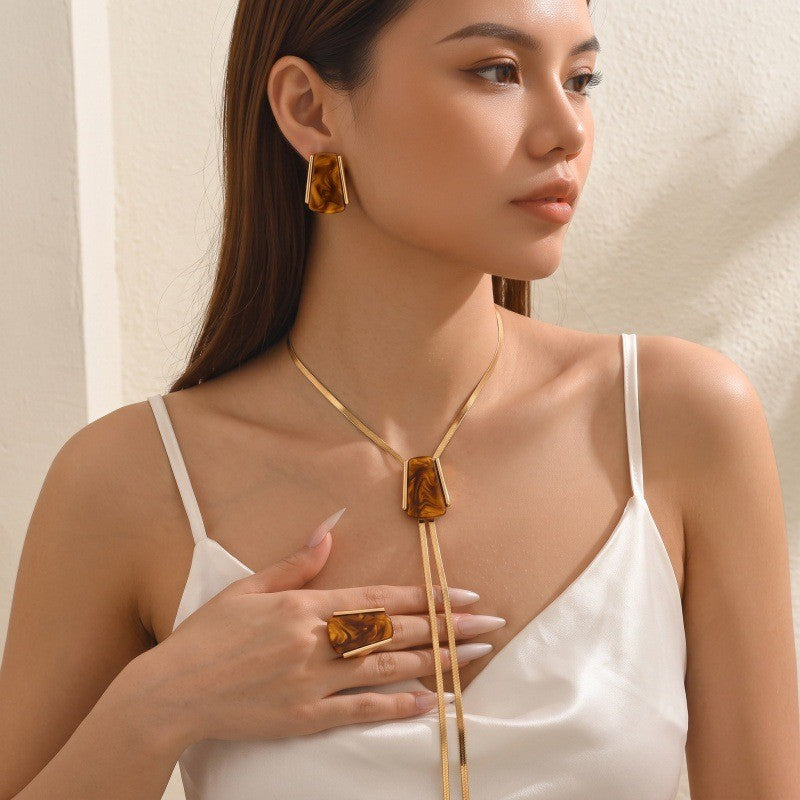 Classy Amber Geometric Lariat Necklace, Earring & Ring Set
