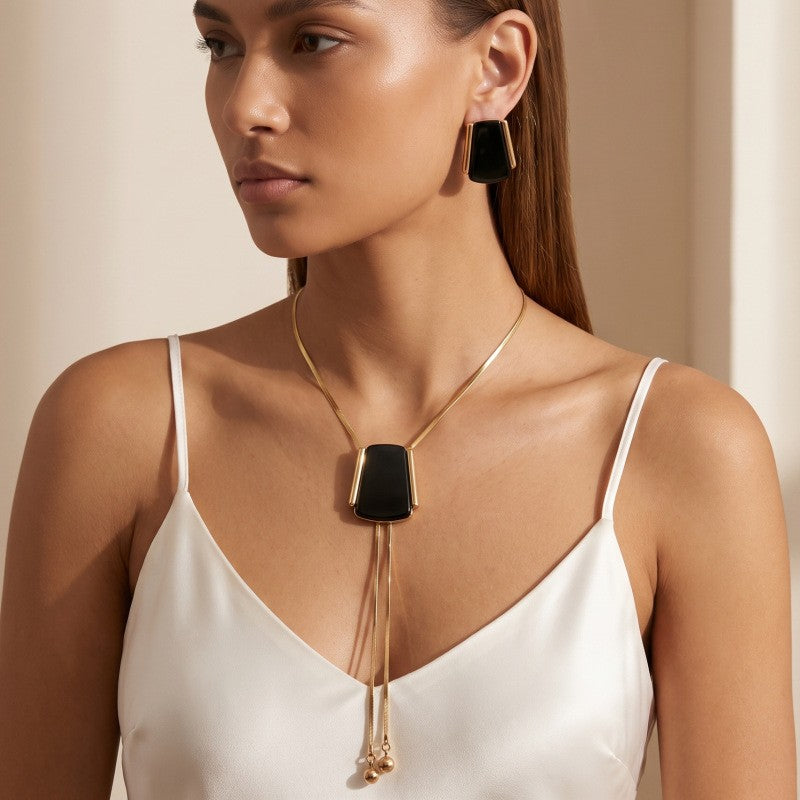 Classy Amber Geometric Lariat Necklace, Earring & Ring Set