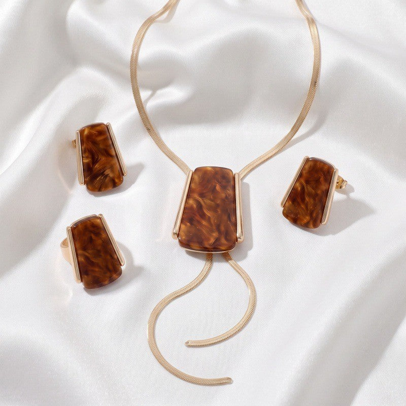 Classy Amber Geometric Lariat Necklace, Earring & Ring Set