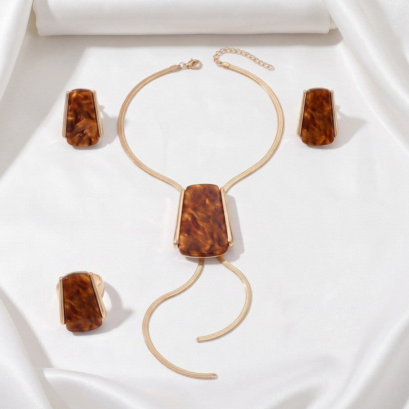 Classy Amber Geometric Lariat Necklace, Earring & Ring Set