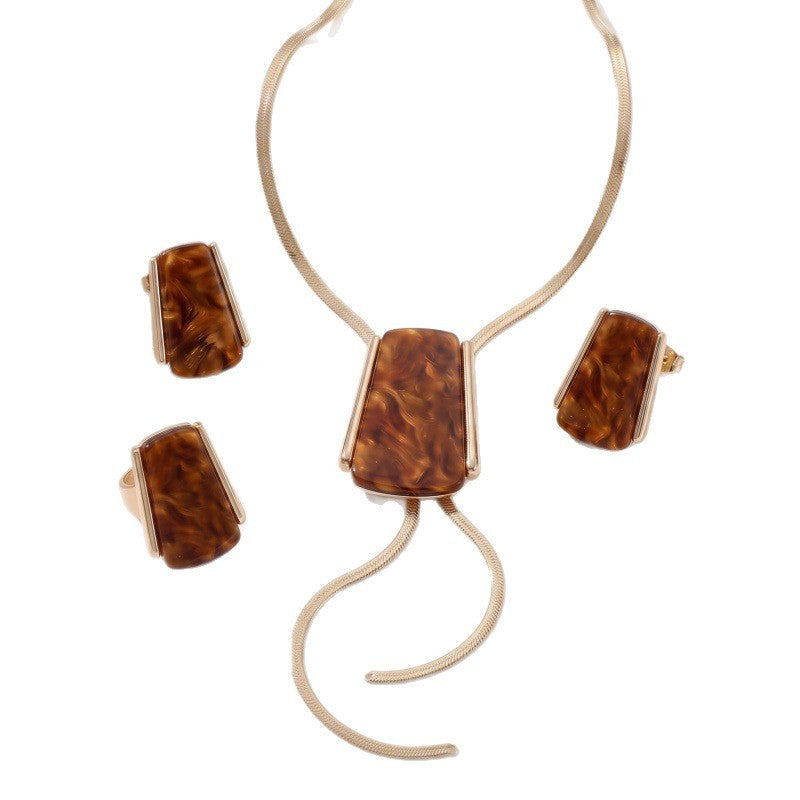 Classy Amber Geometric Lariat Necklace, Earring & Ring Set