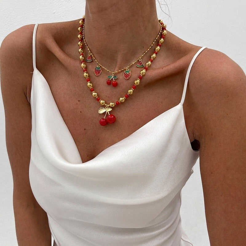 Playful Red Fruit Beaded Layered Necklace