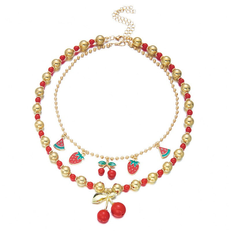 Playful Red Fruit Beaded Layered Necklace