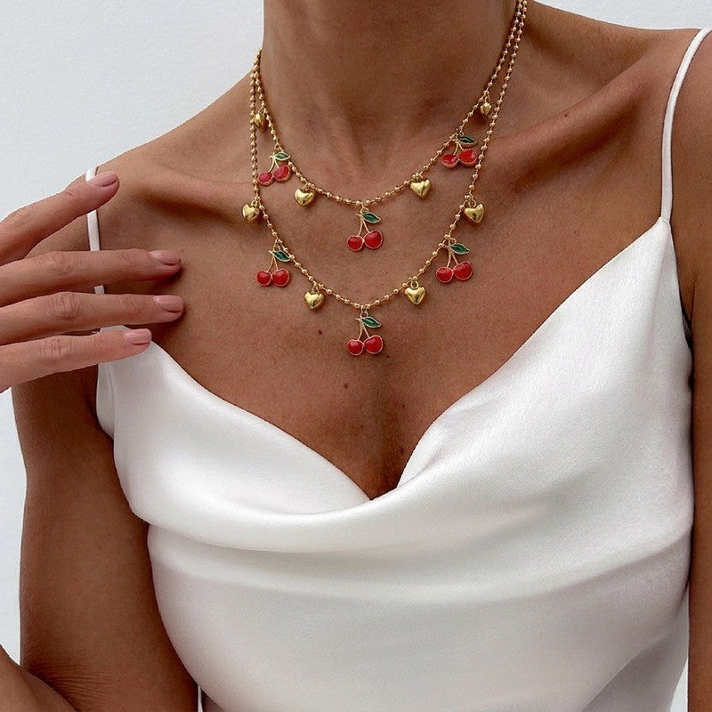Playful Red Fruit Beaded Layered Necklace