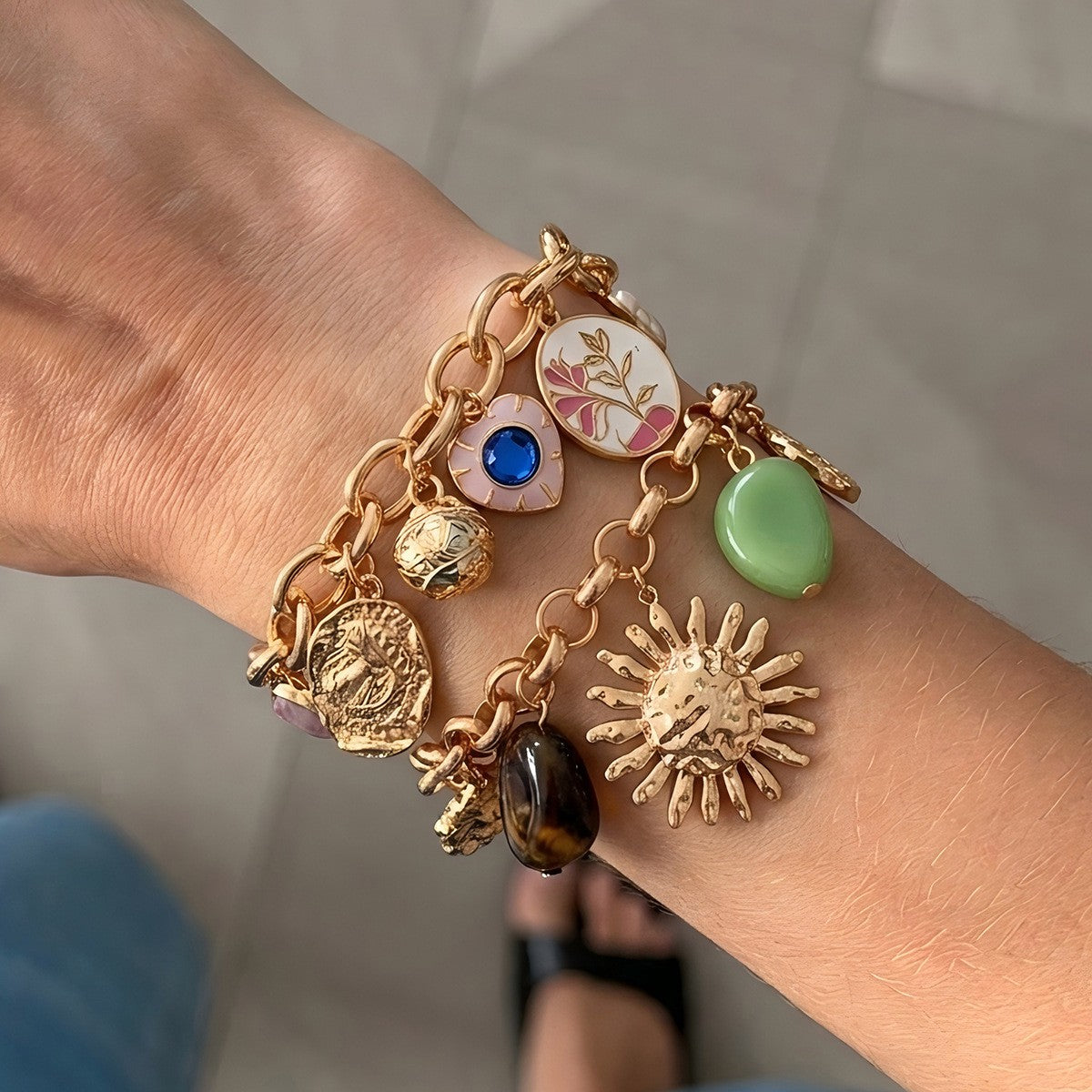 Boho Enamel Sun & Evil Eye Charm Bracelet