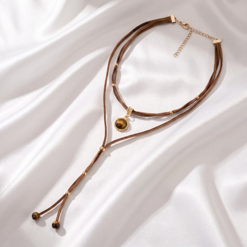 Boho Brown Cord Tiger Eye Y-Necklace