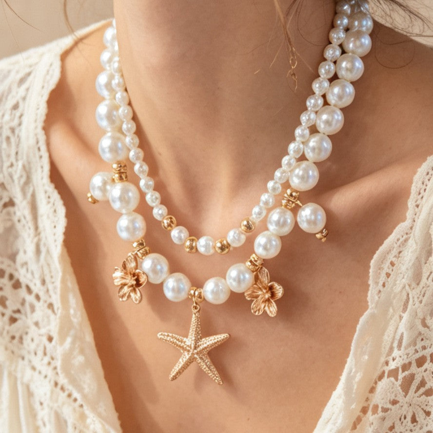 Romantic Layered Pearl Starfish Necklace