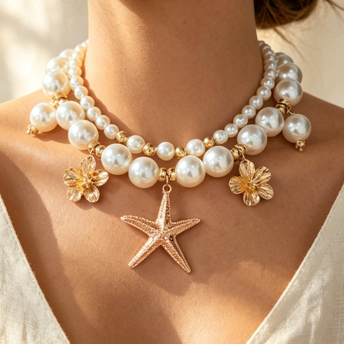 Romantic Layered Pearl Starfish Necklace