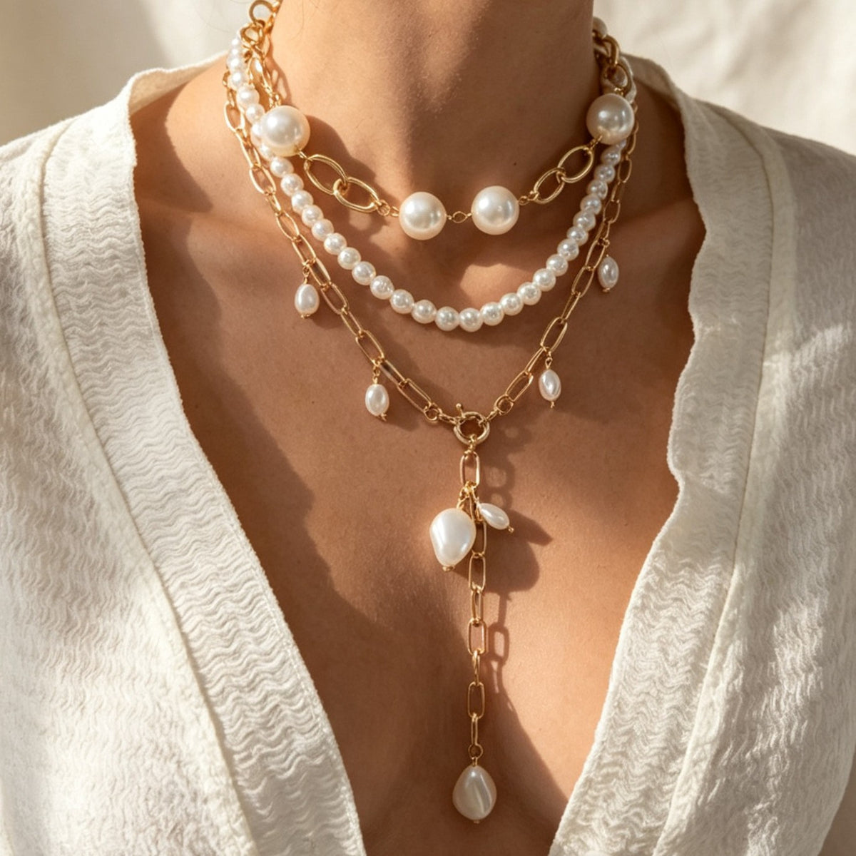 Classy Layered Pearl Lariat Necklace