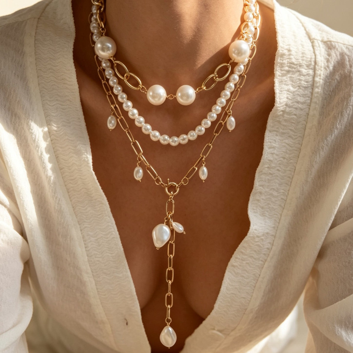 Classy Layered Pearl Lariat Necklace