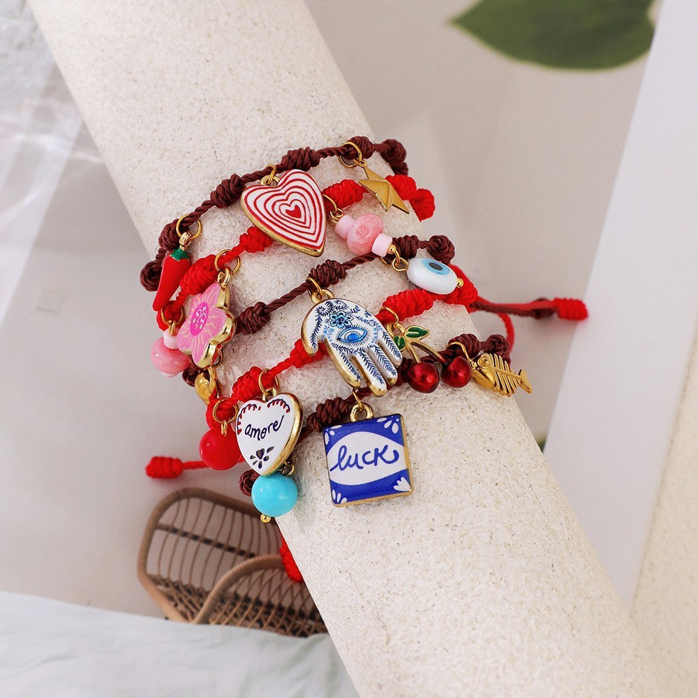 Boho Red Braided Multi-Charm Bracelet