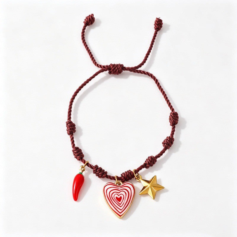Boho Red Braided Multi-Charm Bracelet