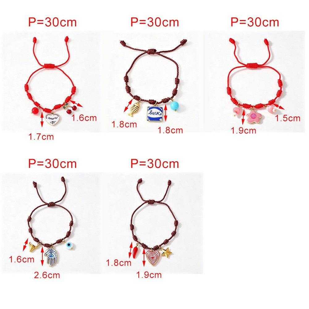 Boho Red Braided Multi-Charm Bracelet