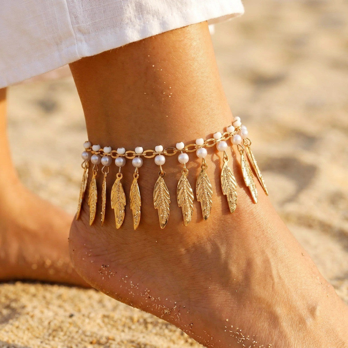 Boho Pearl Leaf Anklet