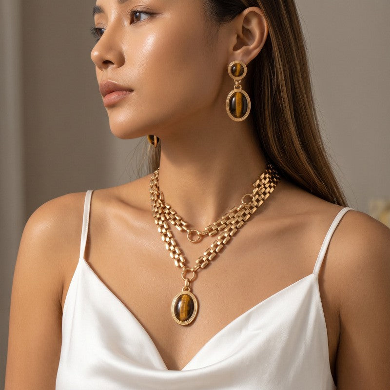 Vintage Tiger Eye Layered Necklace & Earring Set