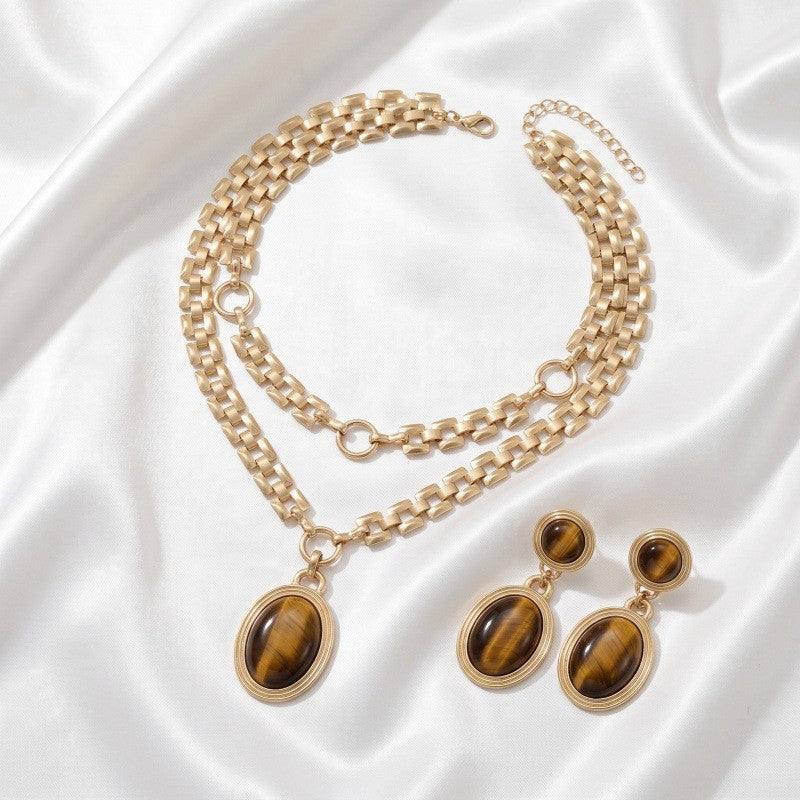 Vintage Tiger Eye Layered Necklace & Earring Set
