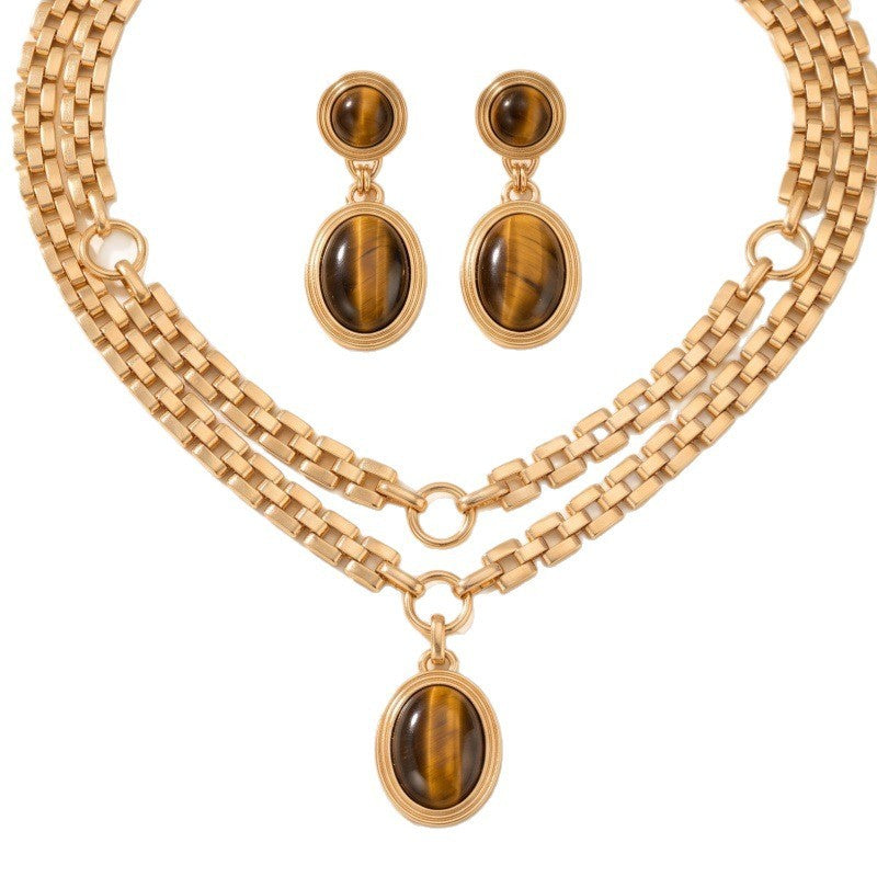 Vintage Tiger Eye Layered Necklace & Earring Set