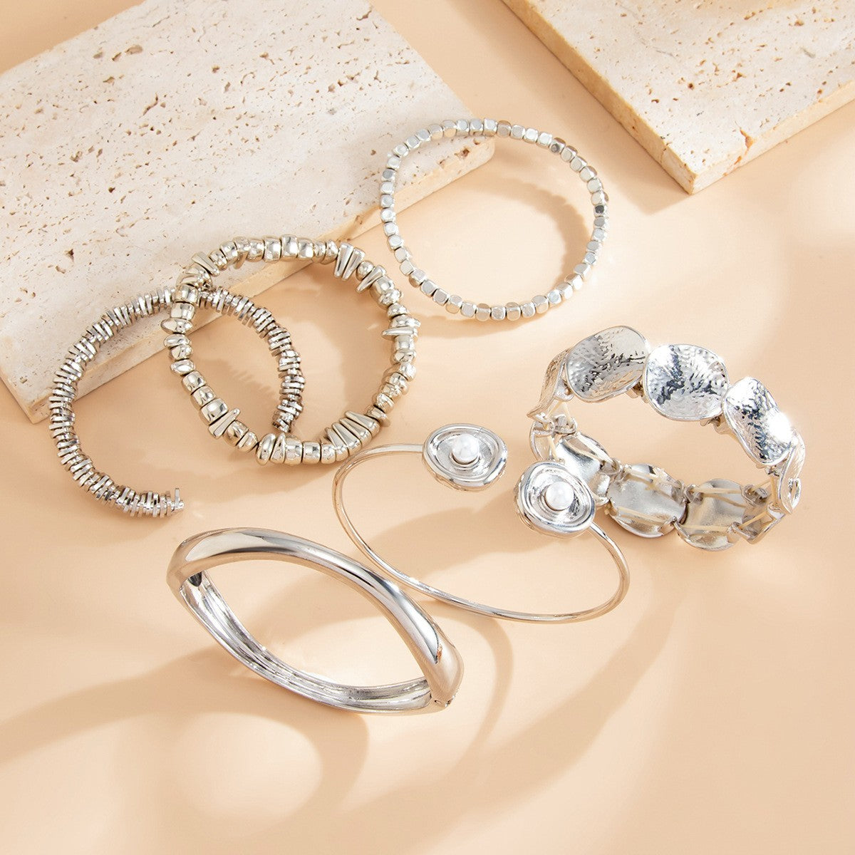 6pc Boho Hammered Disc & Beaded Bracelet Set