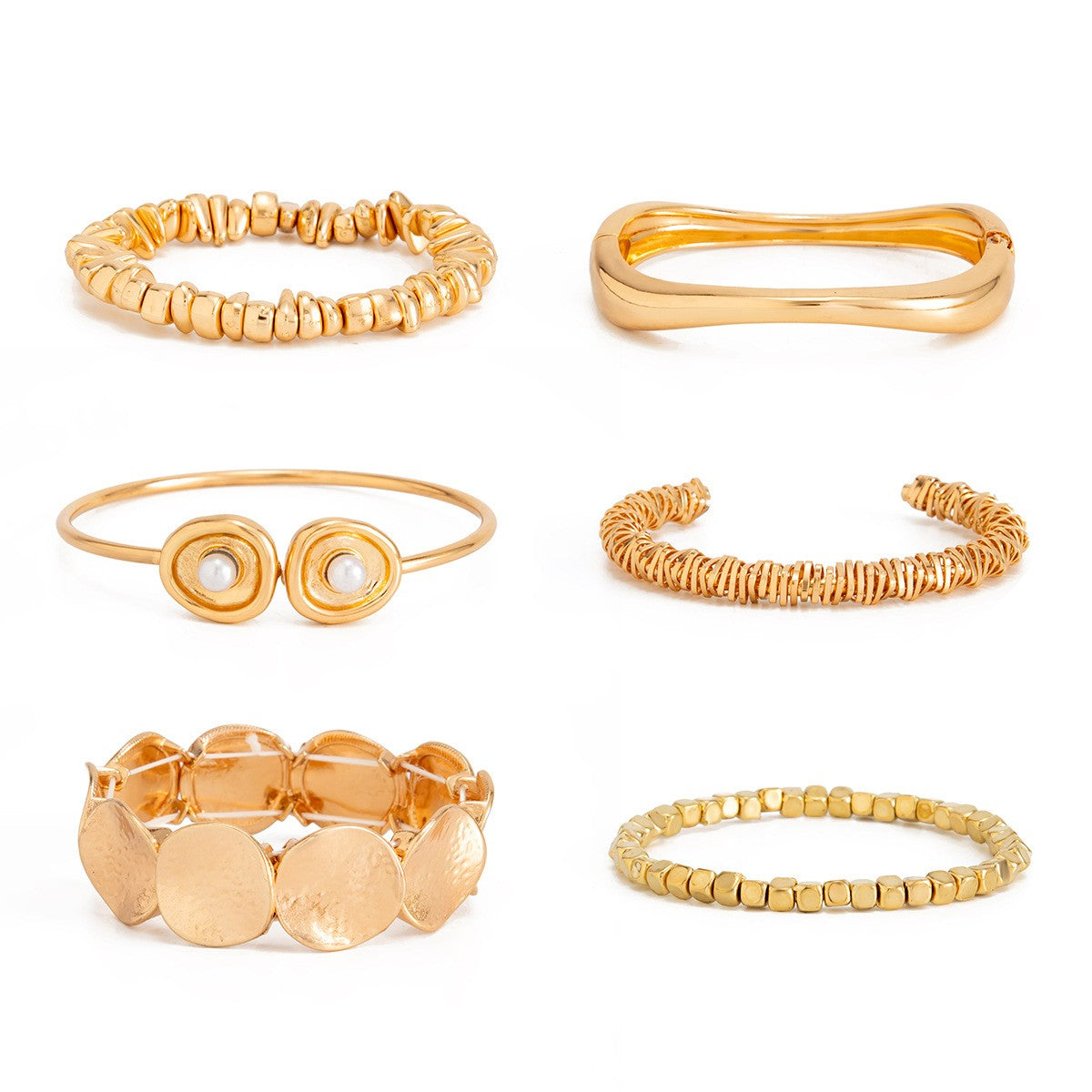 6pc Boho Hammered Disc & Beaded Bracelet Set