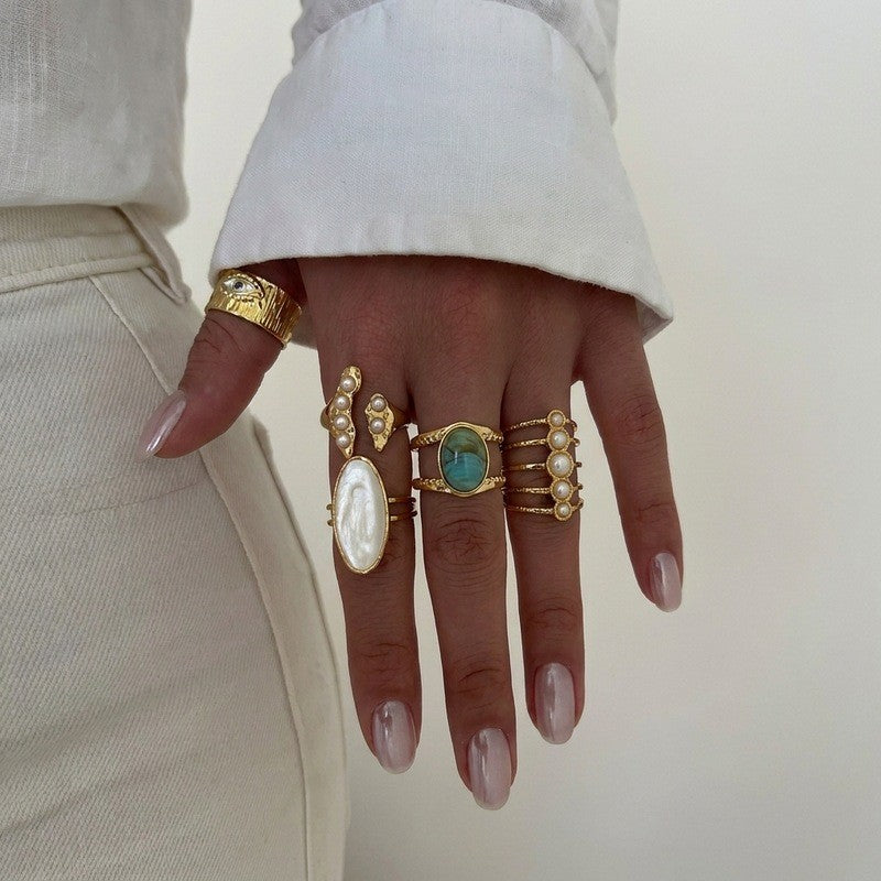 Boho Vintage Turquoise & Pearl Open Ring Set