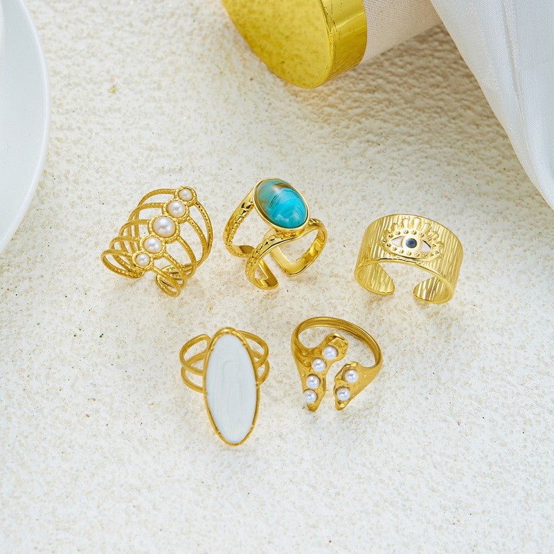 Boho Vintage Turquoise & Pearl Open Ring Set
