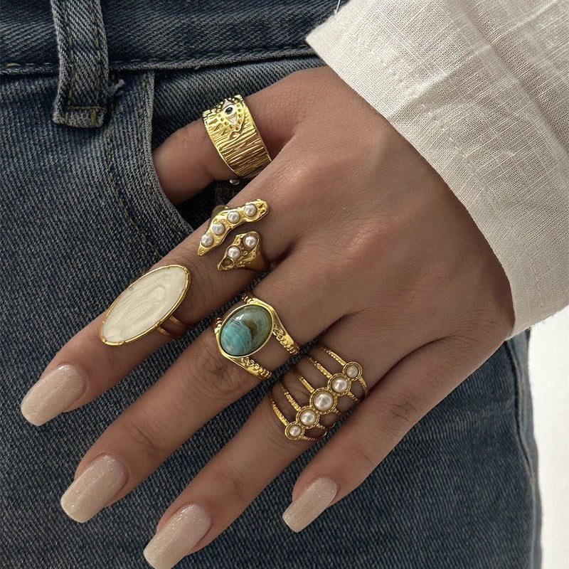 Boho Vintage Turquoise & Pearl Open Ring Set