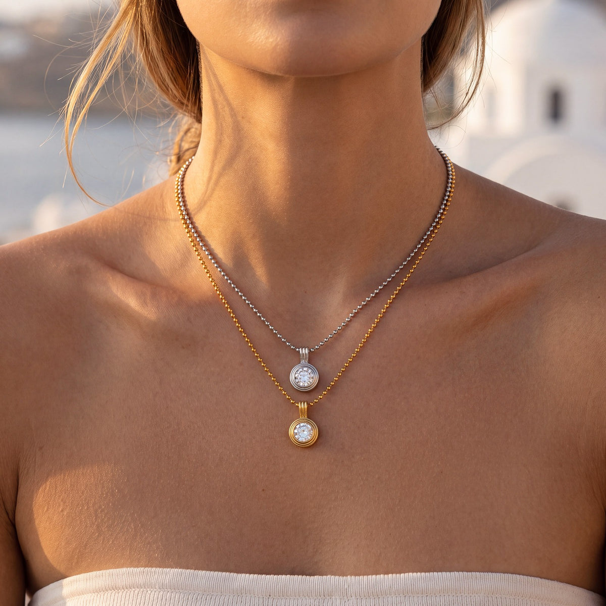 18k Dainty Layered Solitaire Bead Necklace
