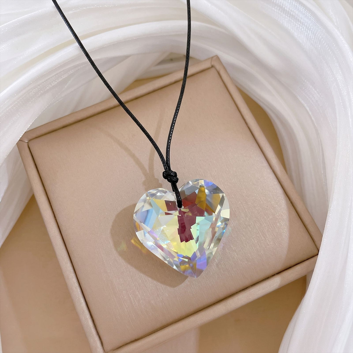Romantic Large Crystal Heart Cord Necklace